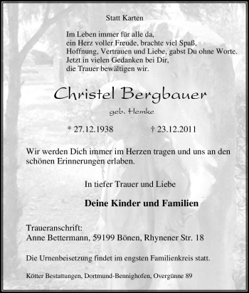 Traueranzeige von Christel Bergbauer von Tageszeitung