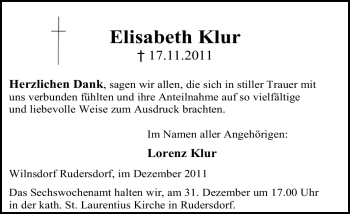 Traueranzeige von Elisabeth Klur von Tageszeitung