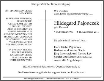 Traueranzeige von Hildegard Pajonczek von Tageszeitung