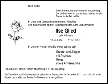 Traueranzeige von Ilse Glied von Tageszeitung