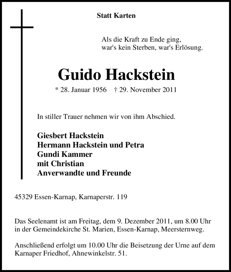  Traueranzeige für Guido Hackstein vom 03.12.2011 aus Tageszeitung