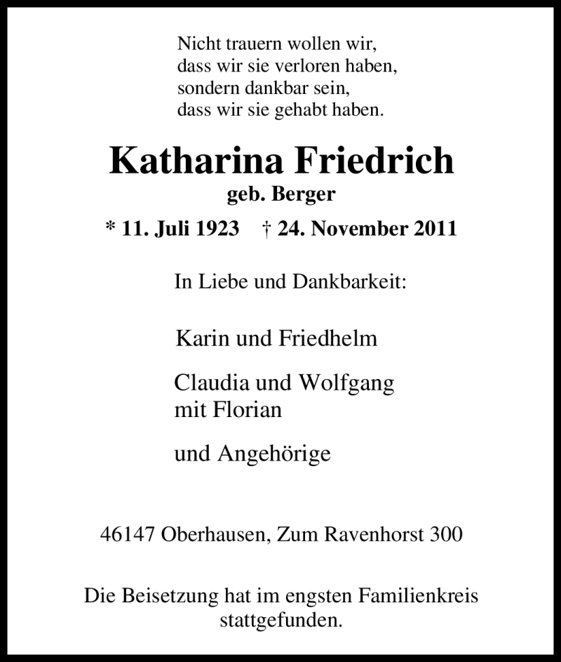  Traueranzeige für Katharina Friedrich vom 01.12.2011 aus Tageszeitung