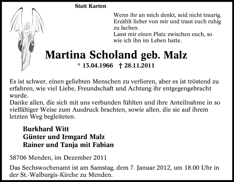  Traueranzeige für Martina Scholand vom 30.12.2011 aus Tageszeitung