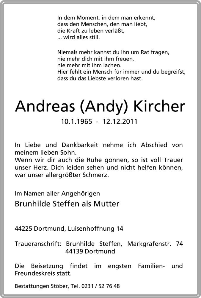  Traueranzeige für Andreas Kircher vom 14.12.2011 aus Tageszeitung