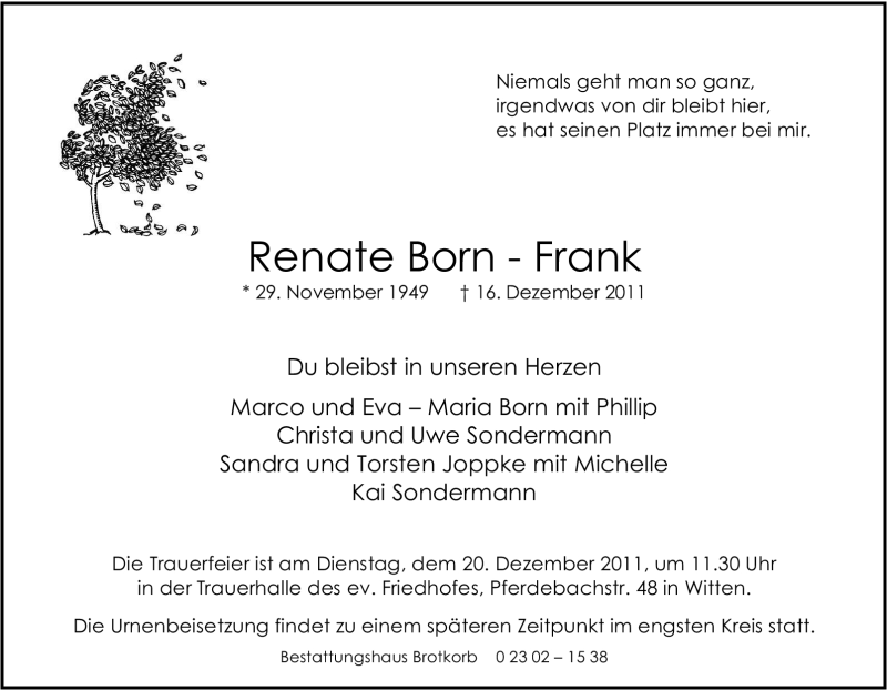  Traueranzeige für Renate Born-Frank vom 19.12.2011 aus Tageszeitung