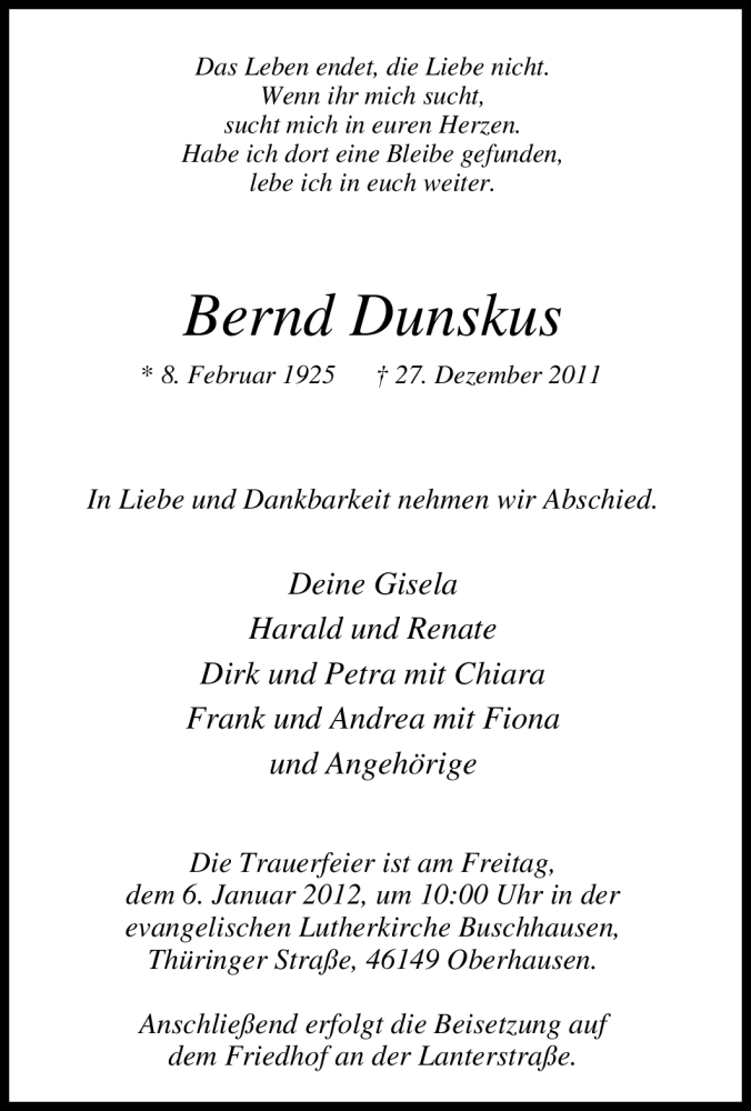  Traueranzeige für Bernd Dunskus vom 30.12.2011 aus Tageszeitung
