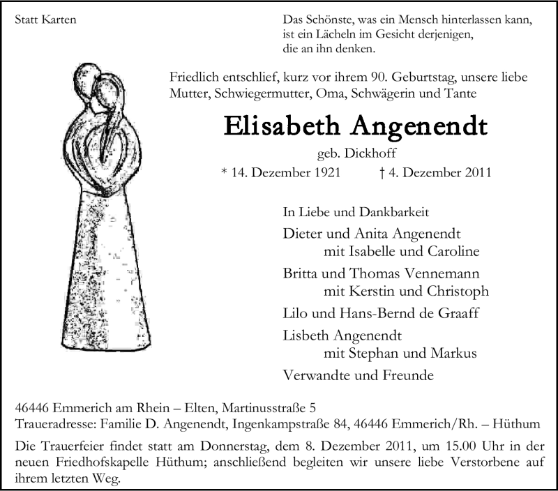  Traueranzeige für Elisabeth Angenendt vom 06.12.2011 aus Tageszeitung
