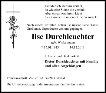 Traueranzeige von Ilse Durchleuchter von Tageszeitung