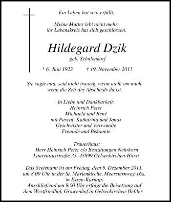 Traueranzeige von Hildegard Dzik von Tageszeitung