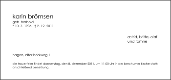 Traueranzeige von Karin Brömsen von Tageszeitung