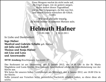Traueranzeige von Helmuth Hafner von Tageszeitung