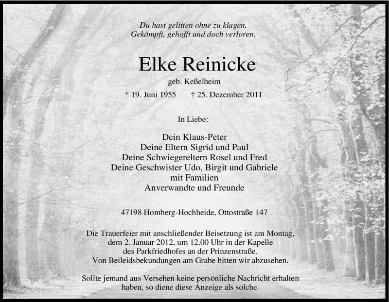  Traueranzeige für Elke Reinicke vom 28.12.2011 aus Tageszeitung