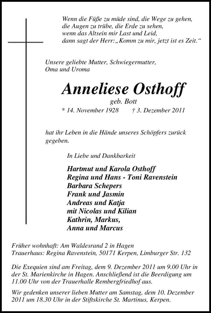  Traueranzeige für Anneliese Osthoff vom 07.12.2011 aus Tageszeitung