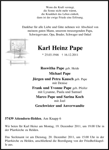 Traueranzeige von Karl Heinz Pape von Tageszeitung