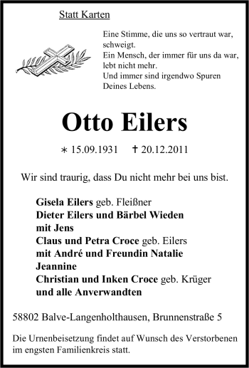 Traueranzeige von Otto Eilers von Tageszeitung