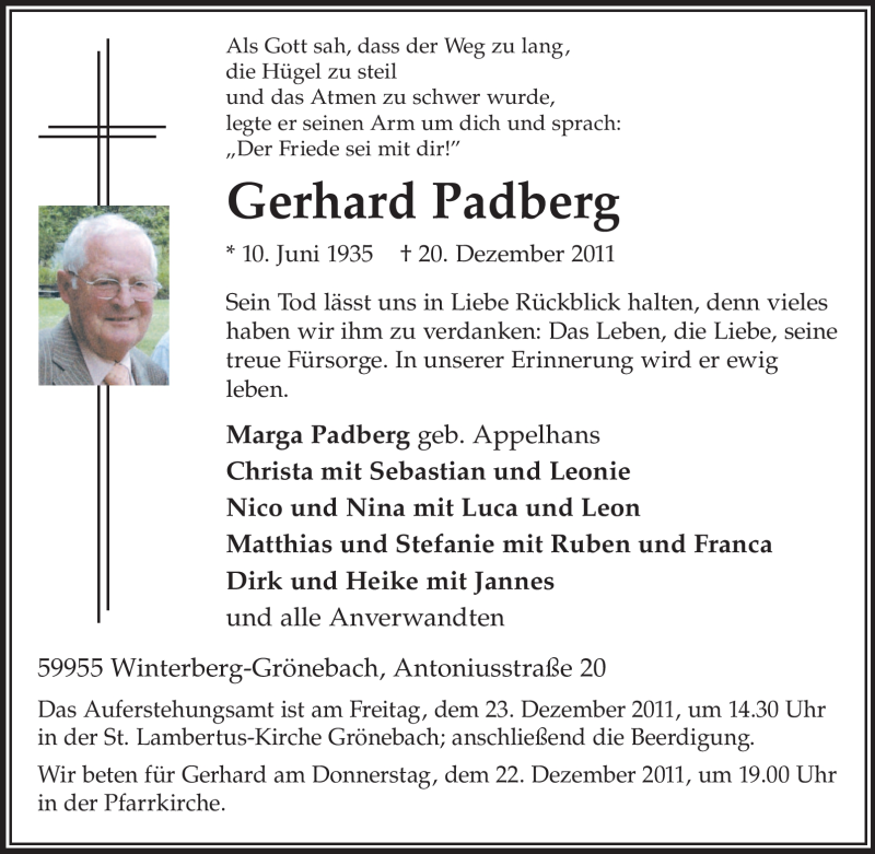  Traueranzeige für Gerhard Padberg vom 22.12.2011 aus Tageszeitung