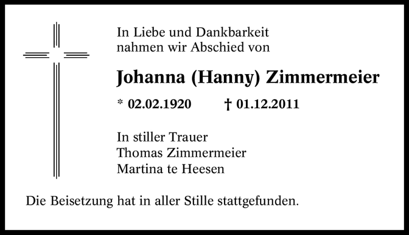 Traueranzeige für Johanna Zimmermeier vom 28.12.2011 aus Tageszeitung