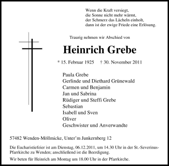 Traueranzeige von Heinrich Grebe von Tageszeitung