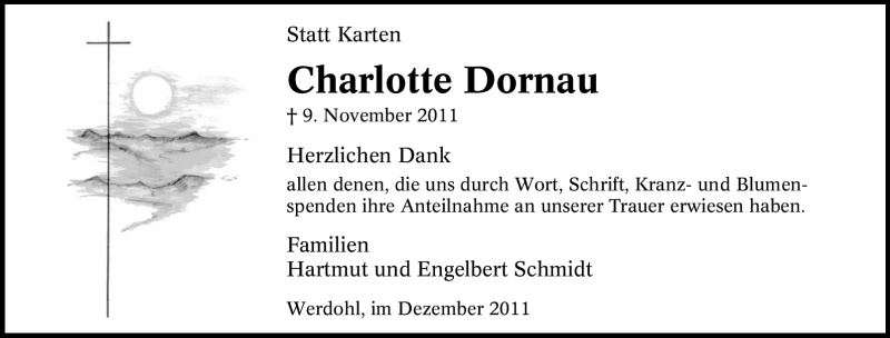  Traueranzeige für Charlotte Dornau vom 10.12.2011 aus Tageszeitung