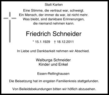 Traueranzeige von Friedrich Schneider von Tageszeitung