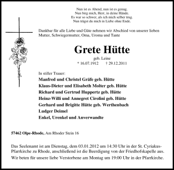 Traueranzeige von Grete Hütte von Tageszeitung