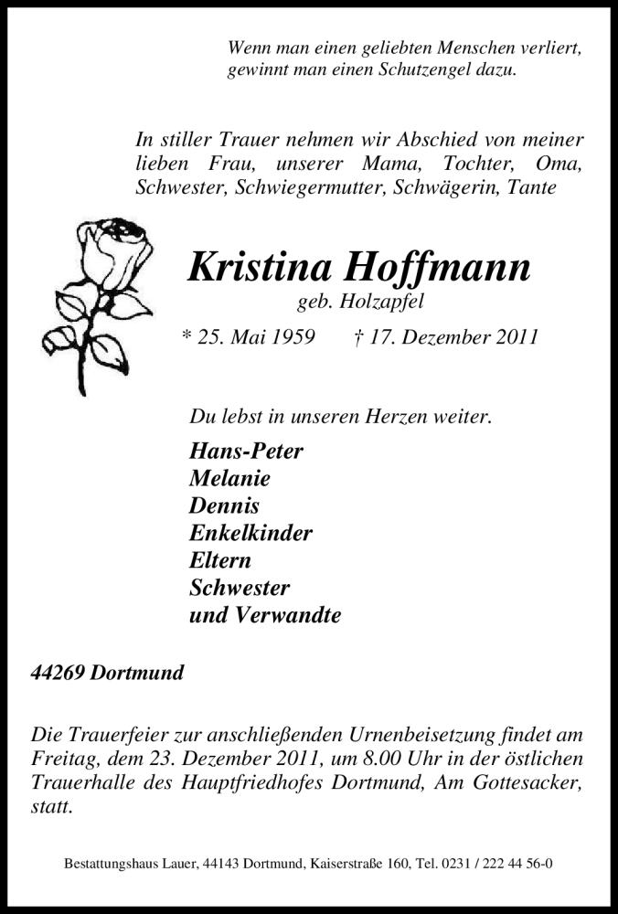  Traueranzeige für Kristina Hoffmann vom 21.12.2011 aus Tageszeitung