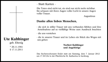 Traueranzeige von Ute Kubbinger von Tageszeitung