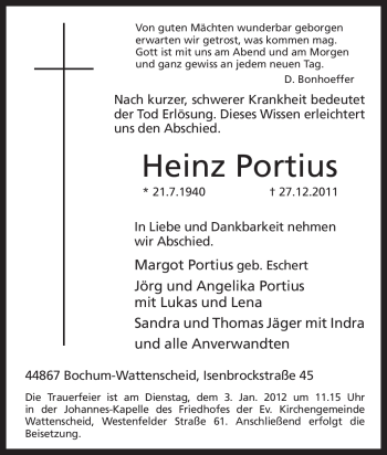 Traueranzeige von Heinz Portius von Tageszeitung