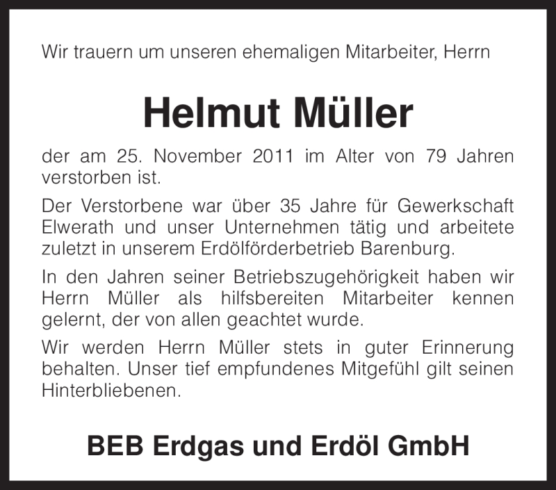  Traueranzeige für Helmut Müller vom 08.12.2011 aus Tageszeitung