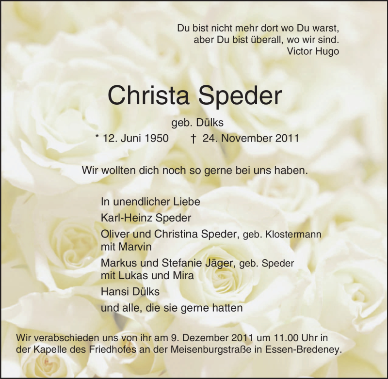  Traueranzeige für Christa Speder vom 03.12.2011 aus Tageszeitung