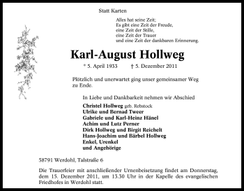 Traueranzeige von Karl-August Hollweg von Tageszeitung