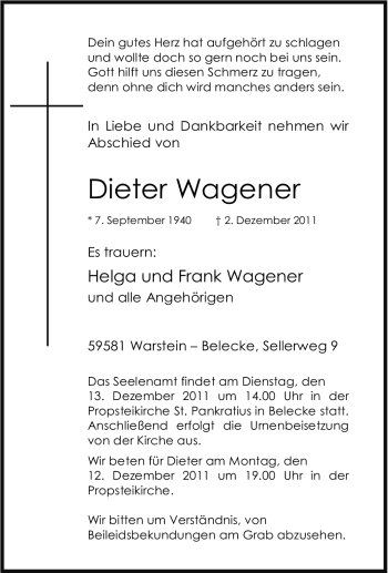 Traueranzeige von Dieter Wagener von Tageszeitung