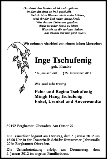 Traueranzeige von Inge Tschufenig von Tageszeitung