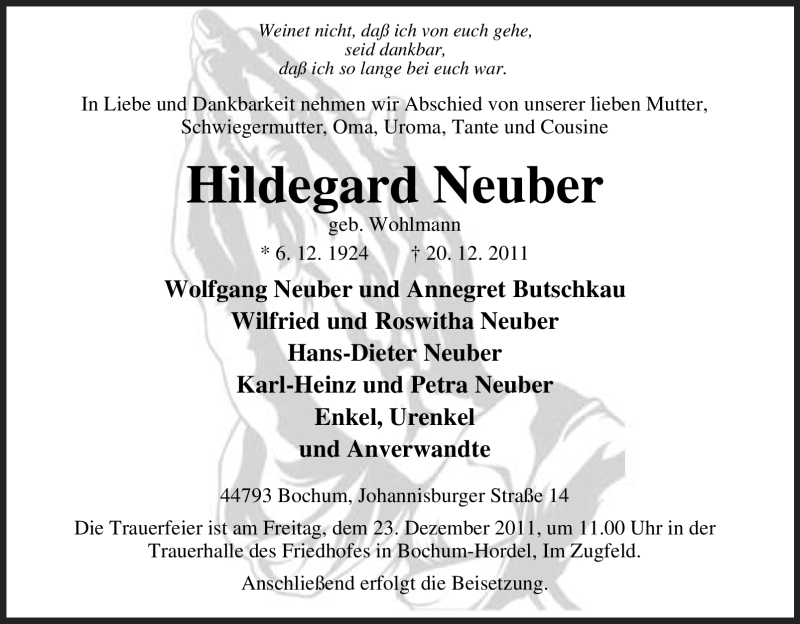  Traueranzeige für Hildegard Neuber vom 21.12.2011 aus Tageszeitung