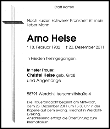 Traueranzeige von Arno Heise von Tageszeitung