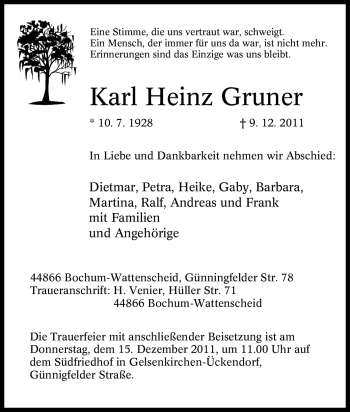 Traueranzeige von Karl Heinz Gruner von Tageszeitung