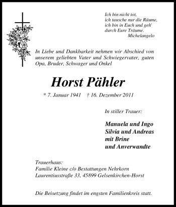 Traueranzeige von Horst Pähler von Tageszeitung