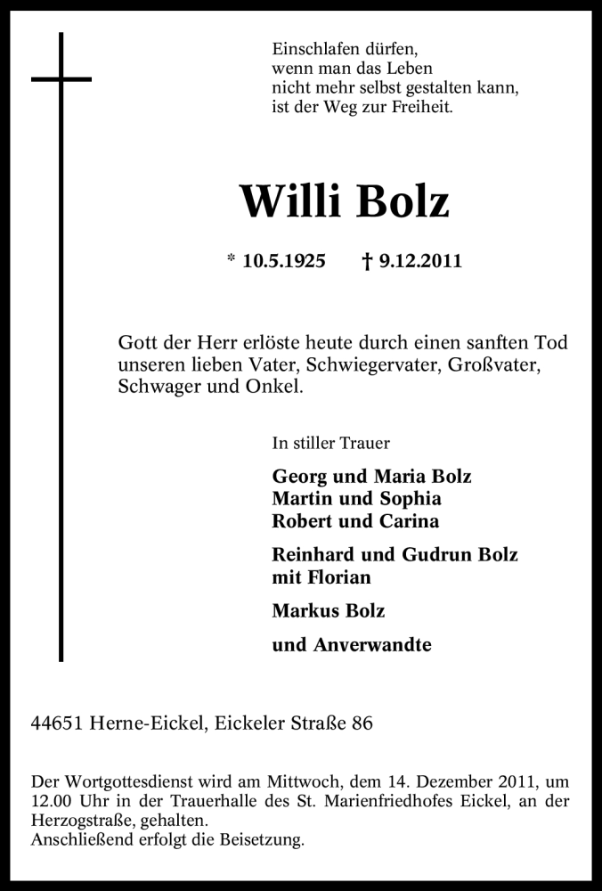  Traueranzeige für Willi Bolz vom 12.12.2011 aus Tageszeitung