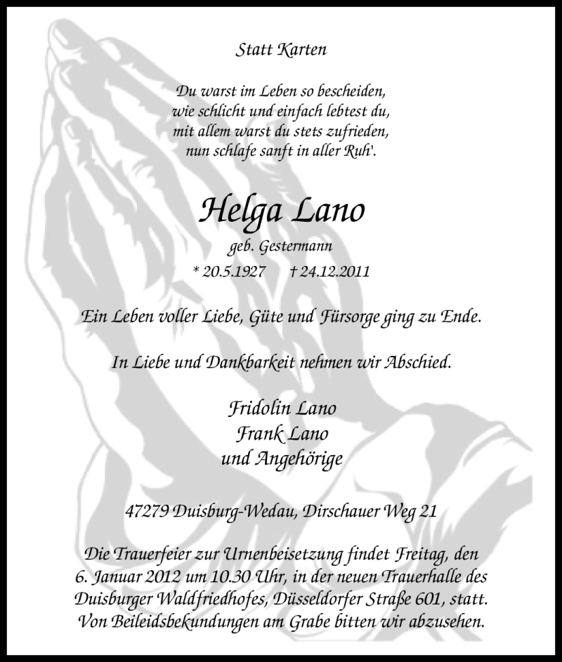  Traueranzeige für Helga Lano vom 31.12.2011 aus Tageszeitung