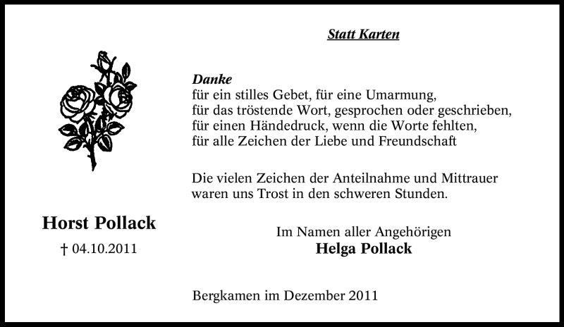  Traueranzeige für Horst Pollack vom 03.12.2011 aus Tageszeitung