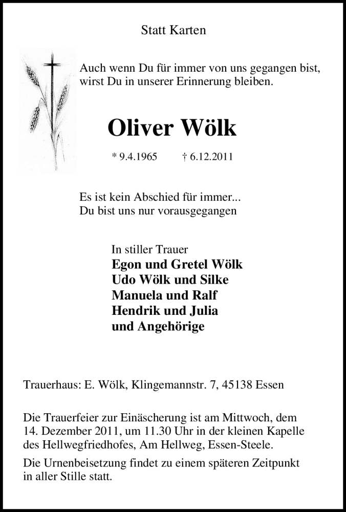  Traueranzeige für Oliver Wölk vom 10.12.2011 aus Tageszeitung