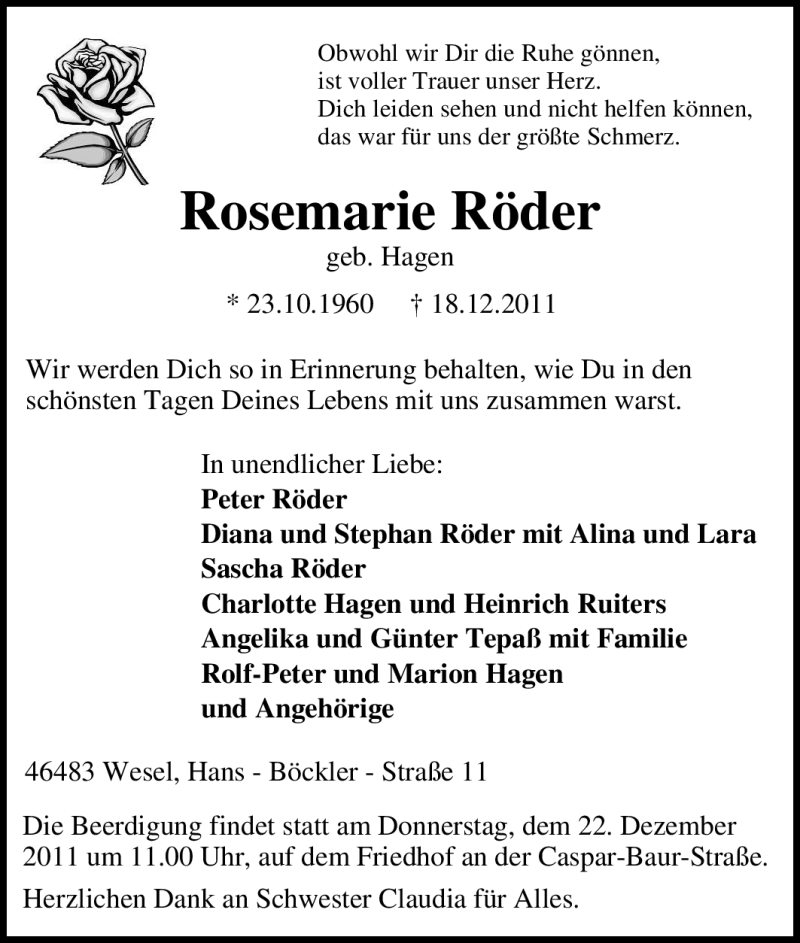  Traueranzeige für Rosemarie Röder vom 20.12.2011 aus Tageszeitung