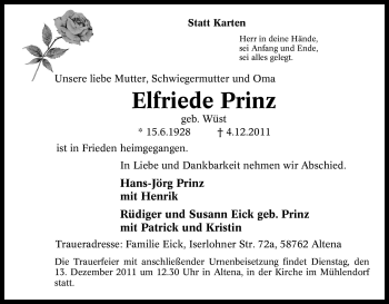 Traueranzeige von Elfriede Prinz von Tageszeitung