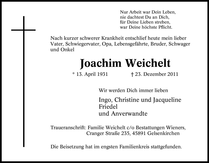  Traueranzeige für Joachim Weichelt vom 31.12.2011 aus Tageszeitung