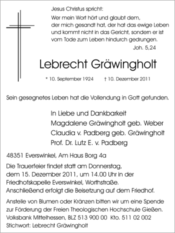 Traueranzeige von Lebrecht Gräwingholt von Tageszeitung
