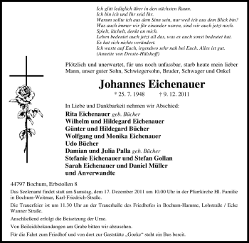 Traueranzeige von Johannes Eichenauer von Tageszeitung