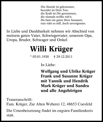 Traueranzeige von Willi Krüger von Tageszeitung