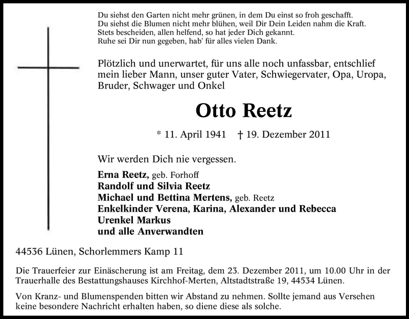  Traueranzeige für Otto Reetz vom 20.12.2011 aus Tageszeitung