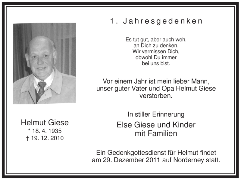  Traueranzeige für Helmut Giese vom 17.12.2011 aus Tageszeitung