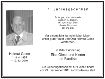 Traueranzeige von Helmut Giese von Tageszeitung